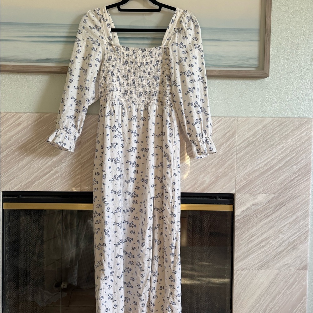 House of Harlow Linen Dress White Floral Smocked Midi Dress